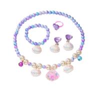 HEOXIN Girls Shell Jewellery Sets, Necklace Earring Bracelet Ring Set, Pearl Shell Elasticated Cord Bell Adjustable, Set di gioielli per bambina Favori Principessa Dress Up Regalo di compleanno, Blu