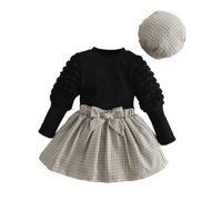 HEOXIN Gonna a Quadri Vestito Bambina, Mini Abito+ Top + Cappello Tartan Abbinato Set di 3 Pezzi, Abito da Principessa con Fiocco, Top con Maniche a Sbuffo e Cappello per Neonati 6-7 Anni, Nero