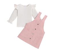 HEOXIN Neonata Velluto a Coste Abito, Magliette + Abito in Velluto a Coste 2PCS Set, Maglietta Neonato con Maniche a Balze, Senza Maniche Abito con Tasche e Bottoni per 18 Mesi - 24 Mesi, Rosa