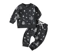 HEOXIN Neonato Bambini Tuta Completo, Felpa + Pantaloni 2PCS Set, Top Neonato con Stampa Fuochi D'artificio e Foglie, Coulisse Pantaloni con Tasche per 18-24 Mesi, Nero