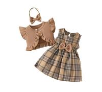 HEOXIN Set di 2 Capi per Bambine Abito a Quadri + Cardigan, Abito a Righe Senza Maniche con Fiocco e Cappotto con Maniche Arricciate e Cerchietto per Bambine dai 18 Mesi ai 24 Mesi, Marrone