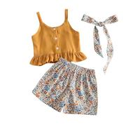 HEOXIN Set di Abbigliamento per Bambine Composto da Top + Pantaloncini Floreali + Spalline Regolabili, Canotta Senza Maniche con Orlo Arricciato, Pantaloni con Stampa Floreale per 4 ai 5 Anni, Giallo