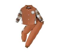 HEOXIN Set di Abbigliamento per Bambini, Plaid Felpa + Pantaloni 2PCS Set, Top con Bottoni a Maniche Lunghe con Tasca, Pantaloni Elastico Set da Jogging per Bambino 7-8 Anni, Marrone