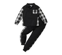 HEOXIN Set di Abbigliamento per Bambini, Plaid Felpa + Pantaloni 2PCS Set, Top con Bottoni a Maniche Lunghe con Tasca, Pantaloni Elastico Set da Jogging per Bambino 9-10 Anni, Nero