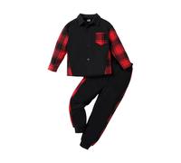 HEOXIN Set di Abbigliamento per Bambini, Plaid Felpa + Pantaloni 2PCS Set, Top con Bottoni a Maniche Lunghe con Tasca, Pantaloni Elastico Set da Jogging per Bambino 9-10 Anni, Rosso
