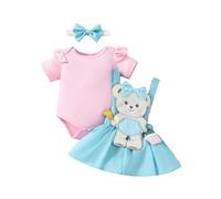 HEOXIN Set di Vestiti per Bambina Piccola Composto da Tutina + Abito con Bretelle Ricamate con Orsacchiotto + Cerchietto con Fiocco, Tutina con Maniche ad Aletta e Scollo Rotondo per 6-9 Mesi, Rosa