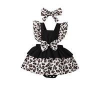 HEOXIN Set di Vestiti per Bambina Piccola con Abito con Bretelle e Stampa Leopardata + Cerchietto con Fiocco, Tutina Senza Maniche con Scollo Rotondo, Abito con Scollo Posteriore, 6-9 Mesi, Nero