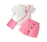HEOXIN Set di vestiti per bambine e bambine, a maniche corte, con bottone, decorazione per allungare la gonna, abbigliamento estivo, per ragazze, colore rosa, Colore: rosa 18-24 mesi