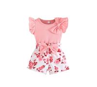 HEOXIN Set di vestiti per bambine e bambine, con volant bordo, maniche corte, girocollo, nodo decorativo floreale, stretching pantaloncini, set di vestiti estivi per ragazze, rosa, 12-18 mesi