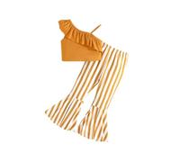 HEOXIN Set di vestiti per bambini, 2 pezzi, pantaloni a zampa, colletto a balze, bretelle senza maniche, abbigliamento estivo, set di pantaloni da ragazza, giallo, 4 anni