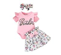 HEOXIN Set di Vestiti per Neonate da Tutina + Minigonna con Stampa Leopardata, Top con Stampa a Lettere e Fiocco in Rete, Abito Princess A-line + Cerchietto con Fiocco per 3-6 Mesi, Rosa