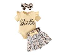 HEOXIN Set di Vestiti per Neonate da Tutina + Minigonna con Stampa Leopardata, Top con Stampa a Lettere e Fiocco in Rete, Abito Princess A-line + Cerchietto con Fiocco per 6-9 Mesi, Giallo