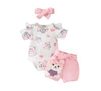 HEOXIN Set di vestiti per neonate, maniche corte a scatto con bottone, scollo rotondo, cartone animato, orso amore, cuore, stretching pantaloncini, fascia per abbigliamento estivo, rosa 6-9 Mesi