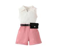 HEOXIN Set di vestiti per neonate, scollo a V, polo colletto senza maniche, gilet a coste, pantaloncini con tasche, abbigliamento estivo, per ragazze, rosa, 6 mesi-3 anni, Colore: rosa, 9-12 Mesi