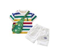 HEOXIN Set di Vestiti per Neonati Maschi con Maglietta a Righe + Pantaloncini + Borsa con Dinosauro, Maglietta a Maniche Corte con Dinosauro e Pantaloni, Completo da Tuta per 5-6 Anni, Verde