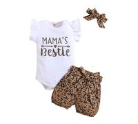 HEOXIN Set vestiti neonati, Abbigliamento neonato Body maniche corte volant Bowknot vita Pantaloncini stampa leopardata Fascia bottoni pressione sul cavallo Completo estivo bambine Marrone 18-24 Mesi