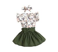 HEOXIN Set vestiti neonati, Body neonato manica corta volant Bowknot Vita elastica Stampa floreale Gonna corta Frilly Bottone a pressione Fascia cavallo, Estate Tiny Girls Outfit Verde 12-18 Mesi