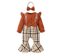 HEOXIN Set Vestiti per Neonata, Romper Completino Volant a Maniche Lunghe con Fiocco, Bodysuit con a Quadri Orli Svasati e Fascia, Set di Vestiti per Neonati per 12-18 Mesi, Marrone
