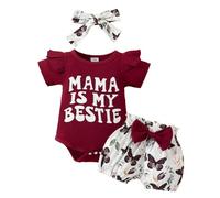 HEOXIN Vestiti Neonato Femmina, Abbigliamento Neonata Manica Corta con Bordo Volant Bottone Tutine Neonata, Farfalla Pantaloncini Elasticizzati Fascia Bambina Appena Nata Set, Rosso, 12-18 Mesi