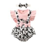 HEOXIN Vestiti Neonato Femmina, Abbigliamento Neonata Manica Corta con Bordo Volant Tutine Neonata, Mucca Stampa Fascia Pulsante Bretella Pantaloncini Elasticizzati con Bottone, Rosa, 3-6 Mesi