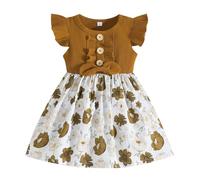 HEOXIN Vestiti Neonato Femmina, Manica Volante Bottone Decorazione Collo Rotondo Floreale Frilly Vestito Marrone, Vestiti Neonata Abito in Maglia a Coste, 2-3 Anni
