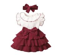 HEOXIN Vestiti Neonato Femmina Set, Manica Volante Grande Nodo a Fiocco Colour Blocking Frilly Dress con Fascia Fiocco per Le Neonato Femmina Outfit Set, Vestito Rosso per Bambini, 9-12 Mesi