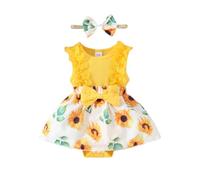 HEOXIN Vestiti Neonato Femmina Set, Pizzo Senza Maniche Bottoni Girasole Pressione Fiocco Collo Rotondo Vestito per Neonato Fascia per Capelli, Set di Vestiti Abiti Giallo a Balze, 9-12 Mesi