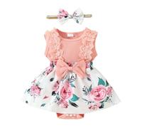 HEOXIN Vestiti Neonato Femmina Set, Pizzo Senza Maniche Bottoni Pressione Fiocco Collo Rotondo Vestito per Neonato Fascia per Capelli, Set di Vestiti per Bambini Abiti Rosa a Balze, 0-3 Mesi
