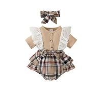 HEOXIN Vestito da bambina in pizzo con volant bordo maniche corte a scatto bottone scatto quadretti modello girocollo nodo a fiocco fascia bambini pagliaccetti vestiti set vestiti kaki 3-6 mesi