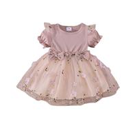 HEOXIN Vestito Neonata, Vestito in Tulle a Maniche Corte con Ricami Floreali e Volant Fiocco, Pricess Vestiti Bimba, Vestiti in Tulle Estivo Autunno Bambina per Il Compleanno, Rosa, 6-9 Mesi