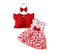 HEOXIN Vestito per neonata, Cardigan Senza Maniche Bordo Increspato, Scollo Rotondo Cuore, con Fiocco, Fascia Capelli, Vestito Neonato, Set di Vestiti Estivi Volant, Rosso, 2-3 Anni