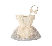 HEOXIN Vestito Tutina per Neonata, Abito in Tulle con Ricami 3D a Farfalle Senza Maniche con Volant + Set con Cerchietto con Fiocco, Abbigliamento Estivo Autunno per Neonate, Beige 6-9 Mesi