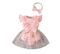 HEOXIN Vestito Tutina per Neonata, Abito in Tulle con Ricami 3D a Fiori Senza Maniche con Volant + Set con Cerchietto con Fiocco, Abbigliamento Estivo Autunno per Neonate, Rosa 12-18 Mesi
