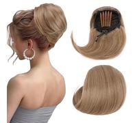 Hepburn - Extension per chignon, con coulisse, capelli sintetici corti da donna, 15,2 cm, capelli sintetici, con clip, biondo sabbia misto biondo ossigenato