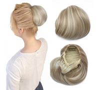 Hepburn - Extension per chignon, con coulisse, capelli sintetici corti da donna, 15,2 cm, capelli sintetici, con clip, biondo sabbia misto biondo ossigenato