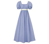 HEQU - Abito Stile Regency da Donna, con Fascia in Raso in Vita, Arricciato e con Maniche a Sbuffo, Stile Impero (M, Celeste)