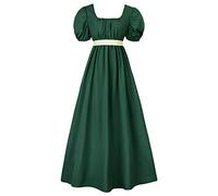 HEQU - Abito Stile Regency da Donna, con Fascia in Raso in Vita, Arricciato e con Maniche a Sbuffo, Stile Impero (S, Verde Scuro)