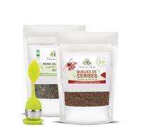 Herbes de Monde - Duo di Tisane Dimagranti ed Eliminative Con Infusore - Infusi Benessere e Detox - 2 buste (1 di gambi di ciliegia 100g e 1 di olmaria 60g)