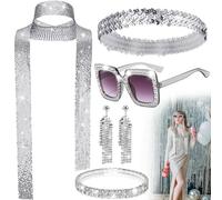 Herbst 5 accessori da discoteca anni '70, accessori da discoteca, costume anni '70, con cornice quadrata e brillantini, per costume di carnevale, argento, S