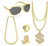 Herbst Accessori per Carnevale anni '80, collana in oro, 5 pezzi, collana in oro, da uomo, per Carnevale, per occhiali da sole in oro, set di accessori Rap Hip Hop, gold, /