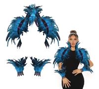 Herbst Colletto a piuma con polsini a piuma, colore blu, mantello a piume gotiche, mantello a piuma, mantello a spalla, corvo, costume da donna, per cosplay, feste, carnevale, Halloween