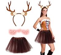 Herbst Costume da capriolo da donna, costume da carnevale con corna di cervo, tatuaggio temporaneo, gonna in tulle, marrone, costume da renna per adulti, costume da capriolo da donna, per Natale,