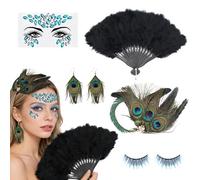 Herbst costume da pavone per donna, fascia per capelli con piume, ventaglio di piume, orecchini, ciglia, adesivi per il viso, accessorio per costume da pavone per carnevale, feste a tema, Halloween