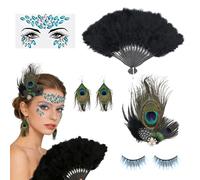 Herbst costume da pavone per donna, fascia per capelli con piume, ventaglio di piume, orecchini, ciglia, adesivi per il viso, accessorio per costume da pavone per carnevale, feste a tema, Halloween