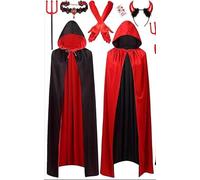 Herbst Set di costume da diavolo da donna, mantello double face con cappuccio da 175 cm, a tripunto, cerchietto, guanti, collana con cristalli, costume da diavolo da uomo, per vampiro, strega
