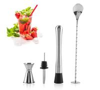 HERCHR Set di 4 Strumenti da Cocktail e Mojito in Acciaio Inox,Cocktail Shaker Set,Cocktail Muddler,Pestello Cocktail,Misurino Mojito Muddler Misurino Cocktail Bar Spoon da Strumenti per Set Barman