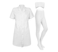 Hercicy Set da 3 pezzi bianco manica corta professionale medico laboratorio cappotto infermiera cappello fascia infermiera berretto tinta unita piedi collant costume per le donne (L)