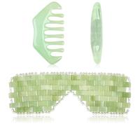 Hercicy Set di 2 maschere per gli occhi in giada e pettine per capelli, con pietra di giada verde, set di maschere per il raffreddamento facciale bianco, pettine per cuoio capelluto Guasha, strumento