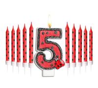 Herdear Candele di Compleanno con Tema Coccinella, Numero 5 | A Tema Coccinella da 2,8 Pollici, 1 Candela Numero, 10 Candeline Lunghe Sottili