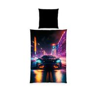 Herding Set di Biancheria da Letto con Auto Neon, Young Collection, Federa 80 x 80 cm, Design Reversibile, Copripiumino 135 x 200 cm con Cerniera, 100% Poliestere/Microfibra